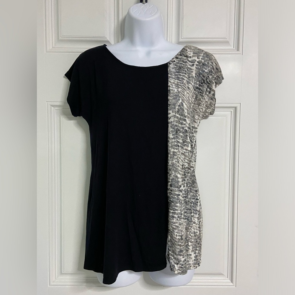 3- ALLISON IZU Black-Gray Mixed Media Flared Hem Burnout Top